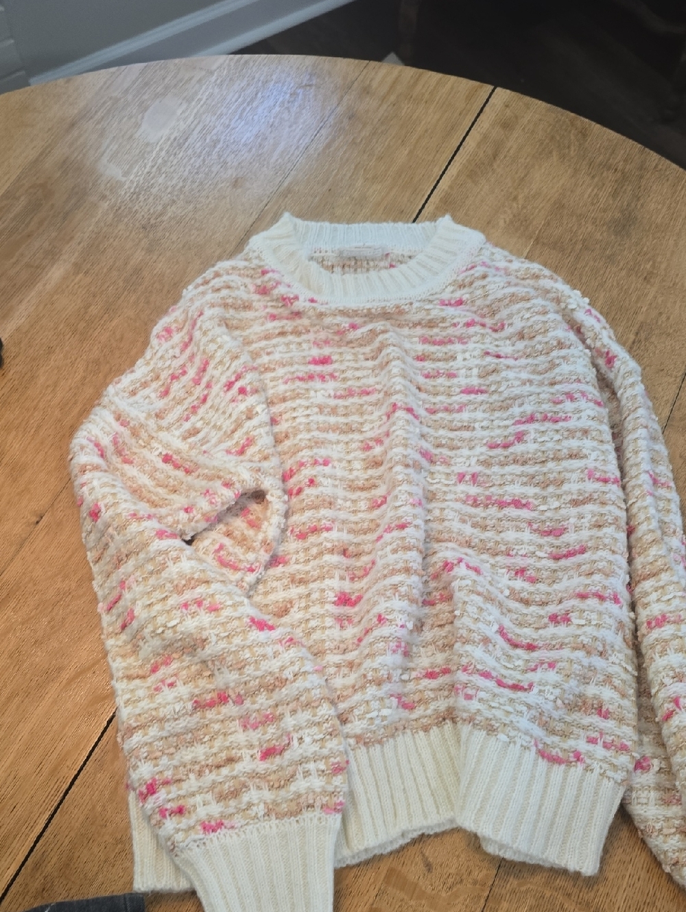 BUNDLE 3/$16.. Love Riche Cream Bouclé Crewneck Sweater with Pink Accents